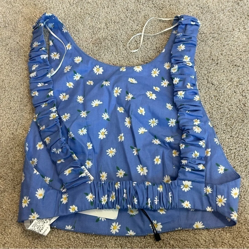 Zara blue Daisy flower floral print open strappy back crop top Sz S NWT - Picture 4 of 10